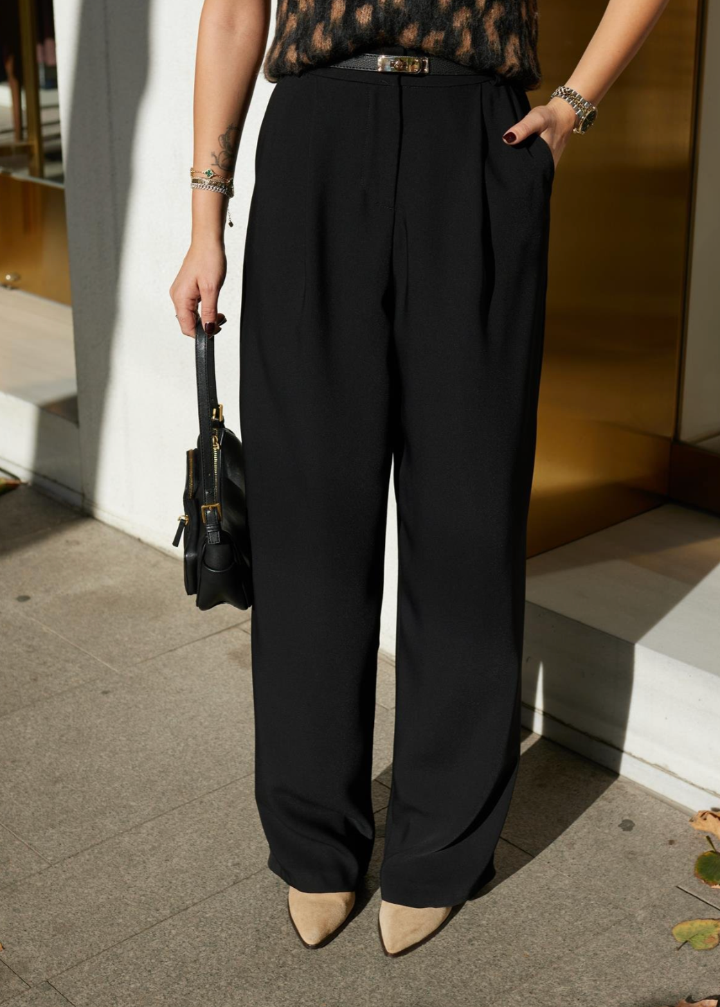 Black Palazzo Trousers with Waist Dart Seam