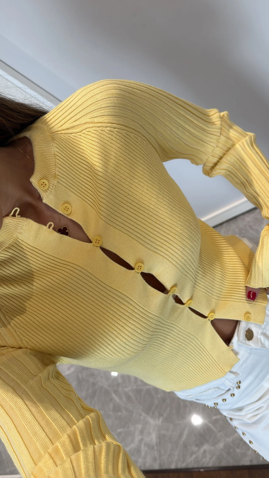 Crew neck ribbed button thin knit cardigan - Yellow