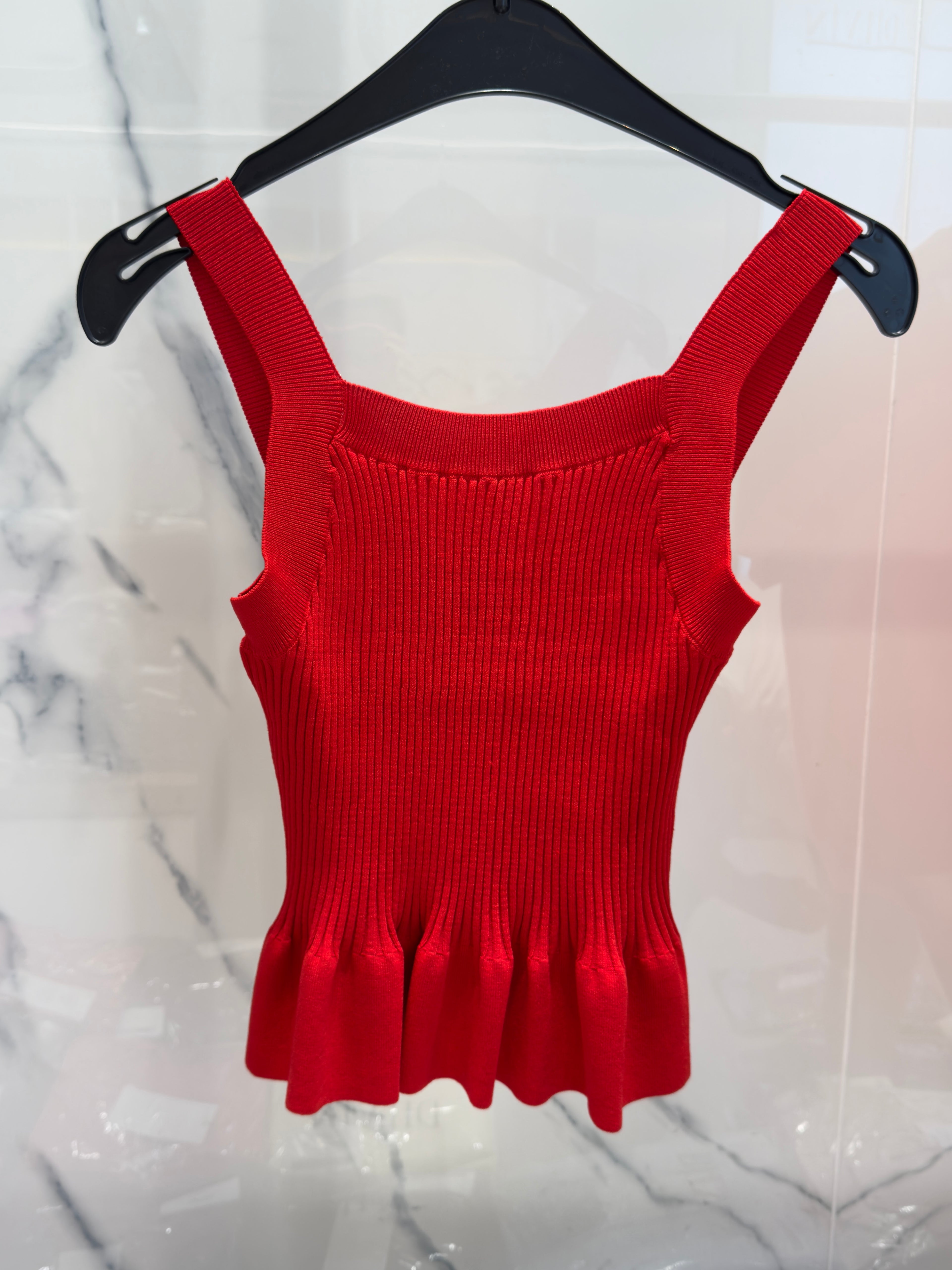 Square-Neck Ribbed Knit Blouse with Straps and Ruffles - Red