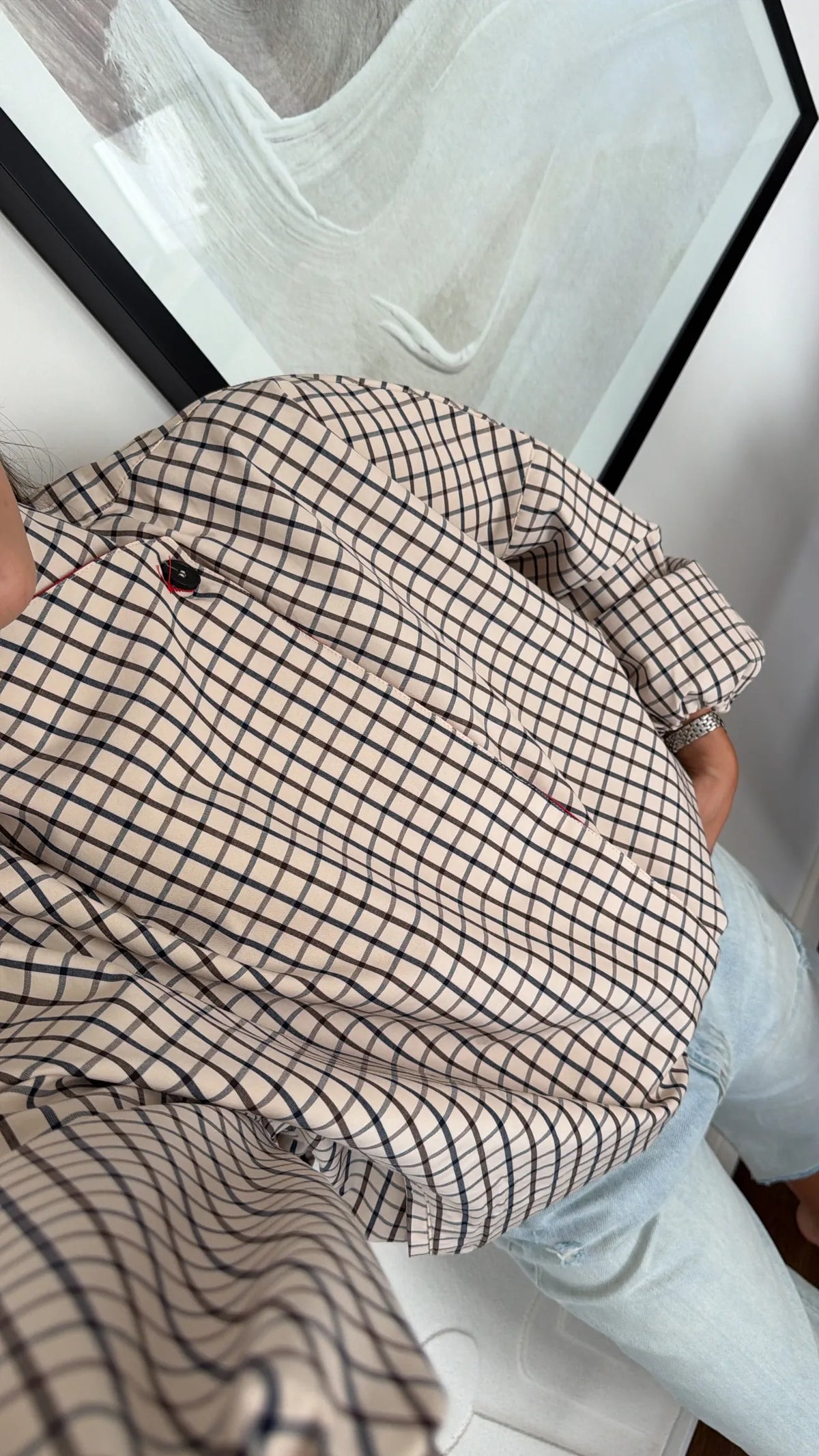 BOMBER JACKET WITH RED PLAID PATTERN