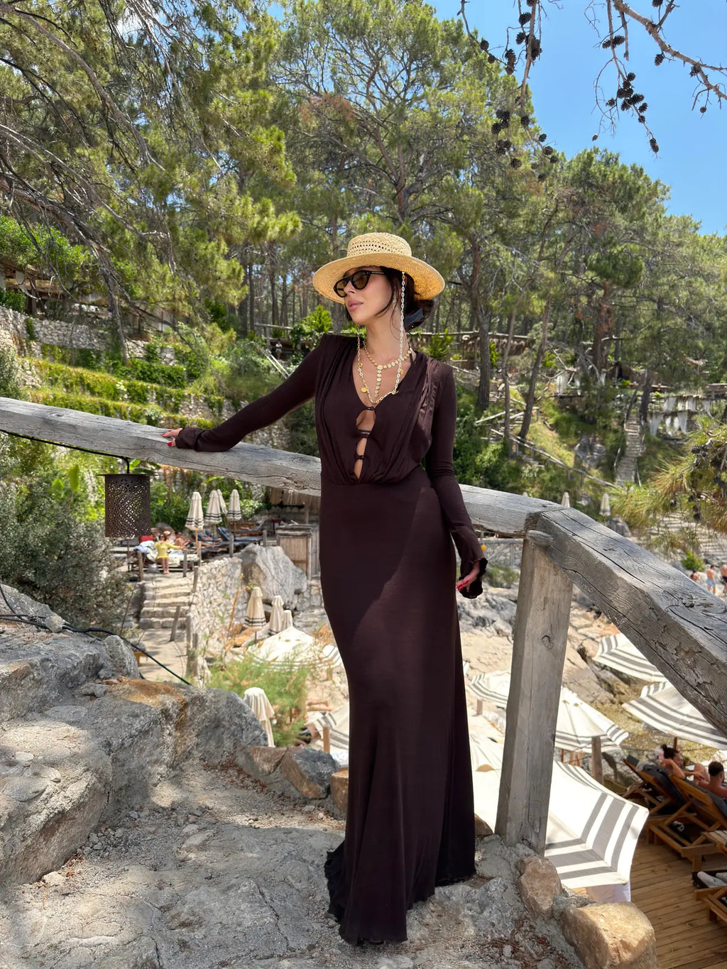 Awen Button Detailed Draped - Brown Long Dress