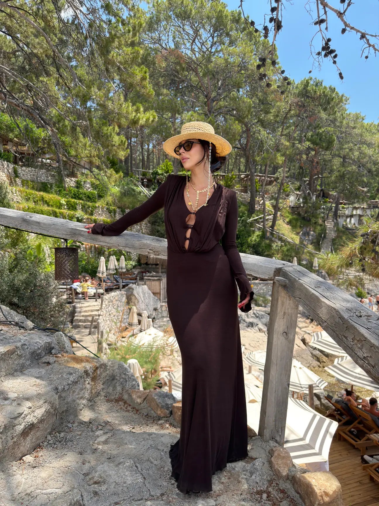 Awen Button Detailed Draped - Brown Long Dress