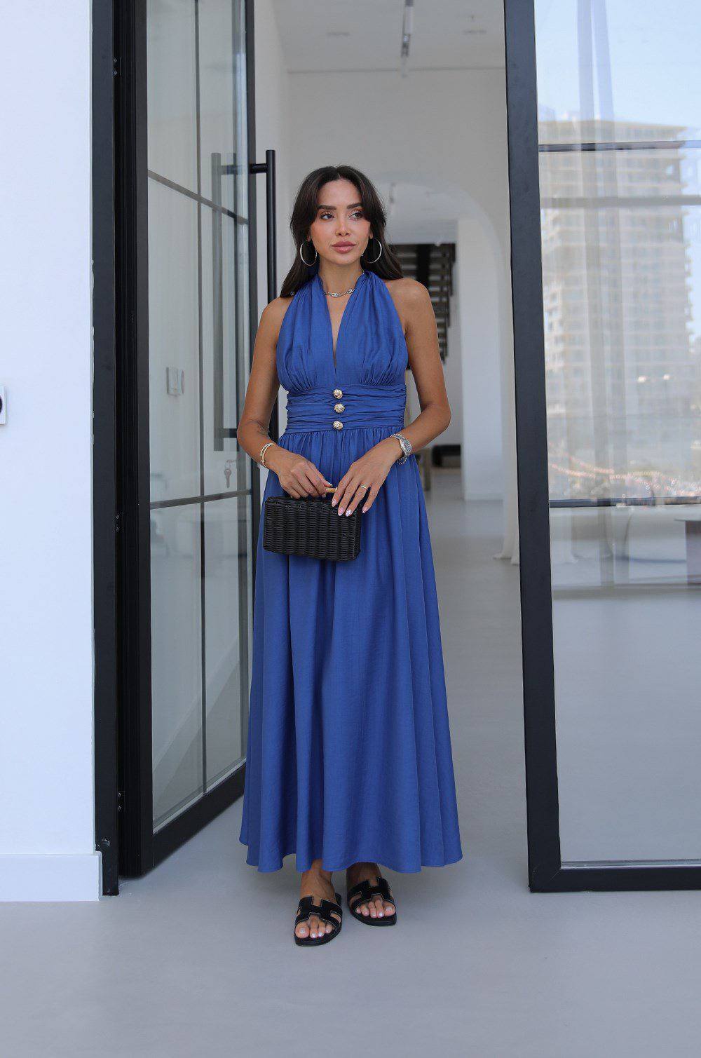 LONGARD HAUL-NECK LONG DRESS- BURGUNDY- Blue - white