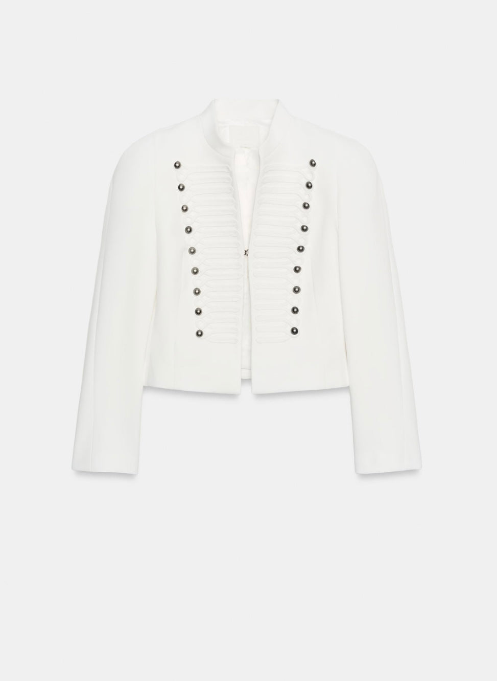 Fitted blazer with a metal clasp, lining, button details, shoulder pads, a round neck, and long sleeves