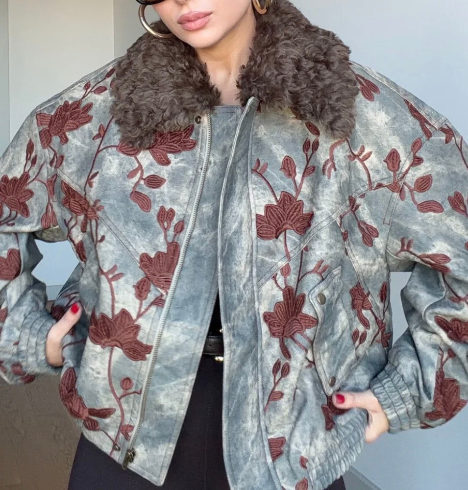 Floral Embroidered Fur Collar Denim Bomber Jacket Grey