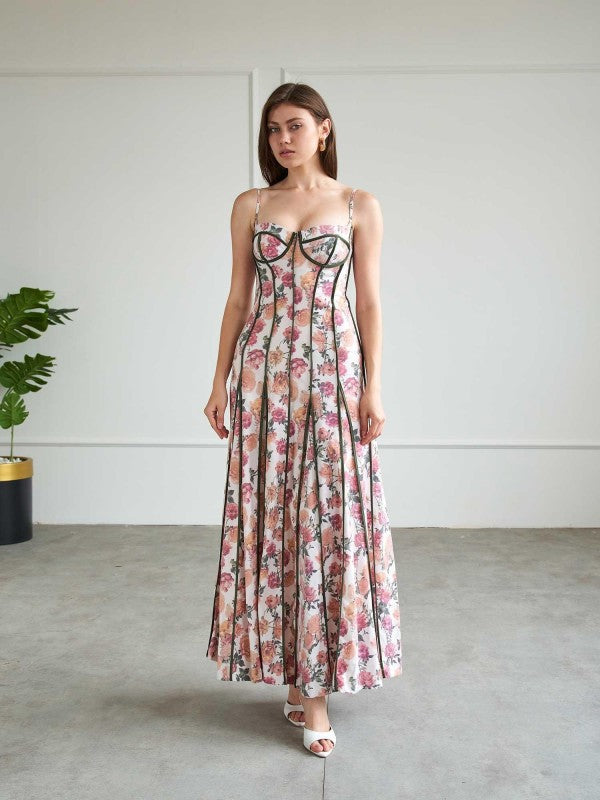 Falling in Love with You-  Floral Pattern Corset Maxi Dress
