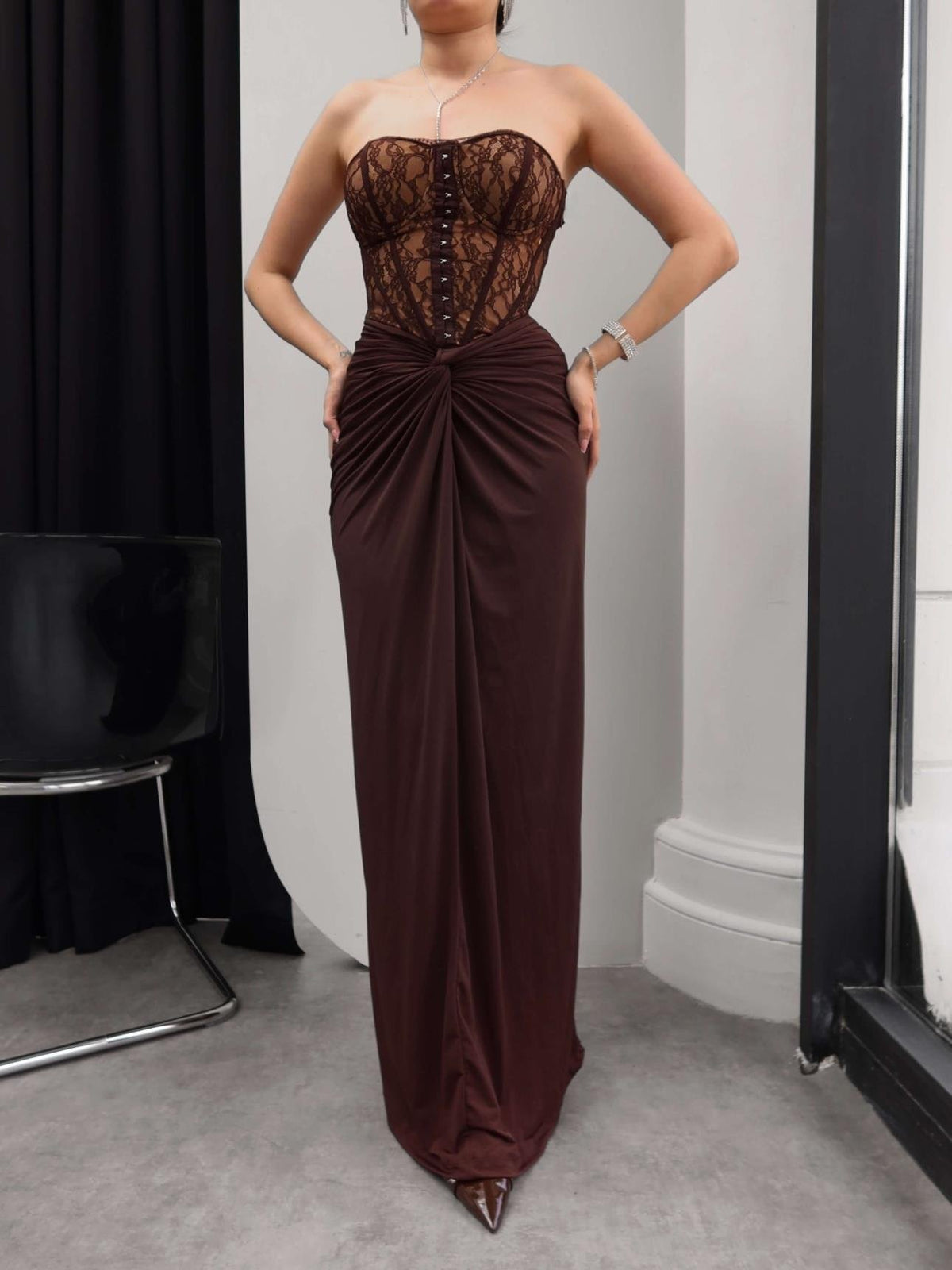 Dantel brown long dress