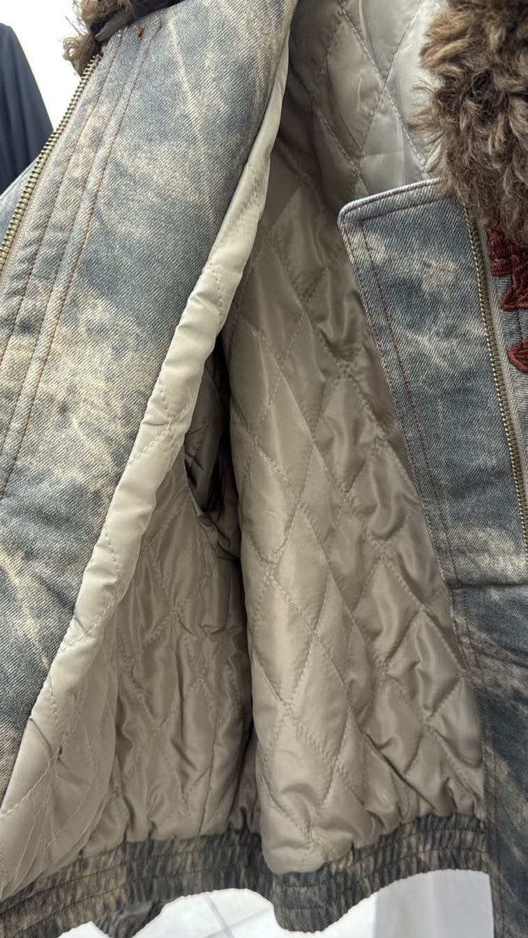 Floral Embroidered Fur Collar Denim Bomber Jacket Grey