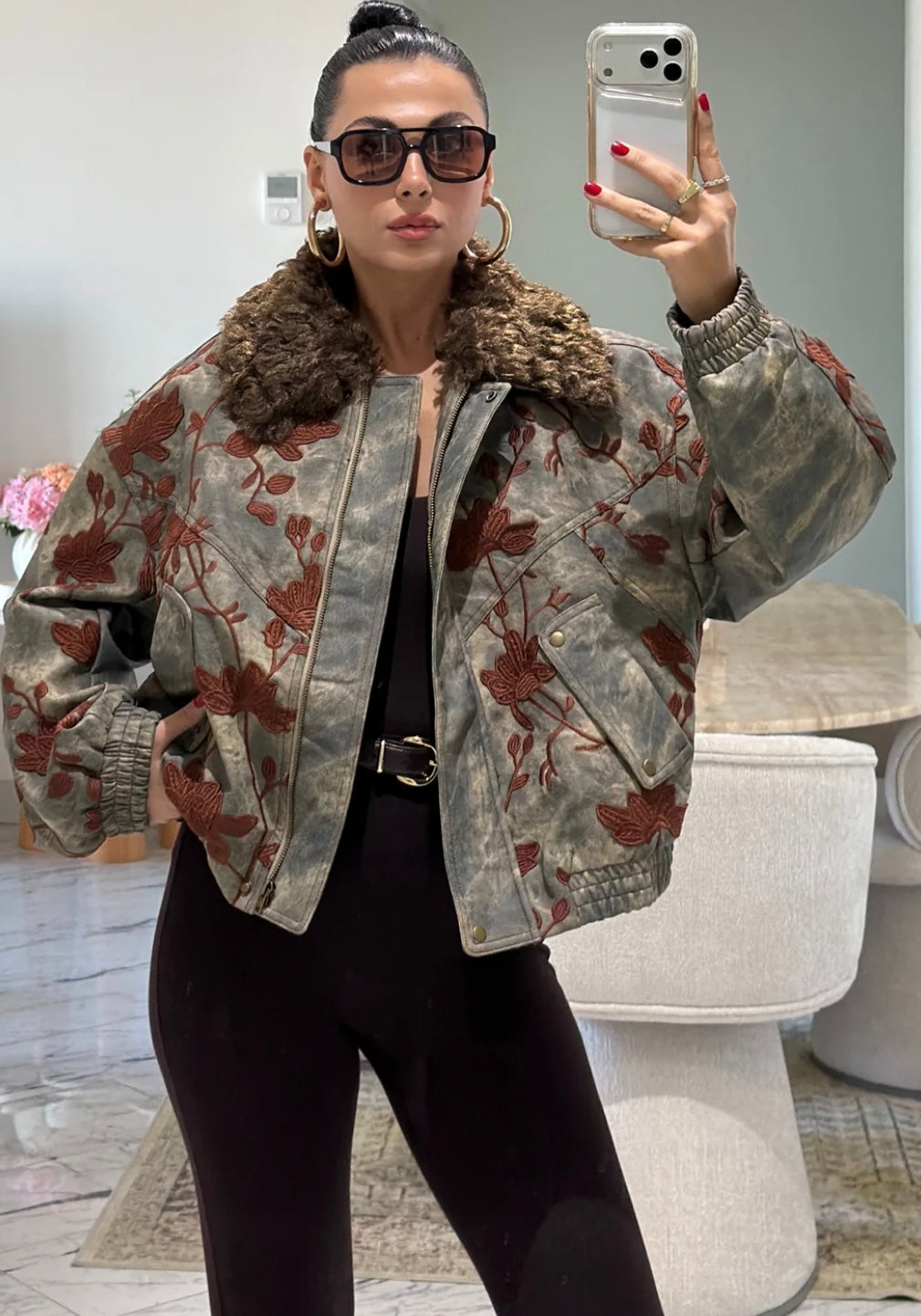 Floral Embroidered Fur Collar Denim Bomber Jacket Grey