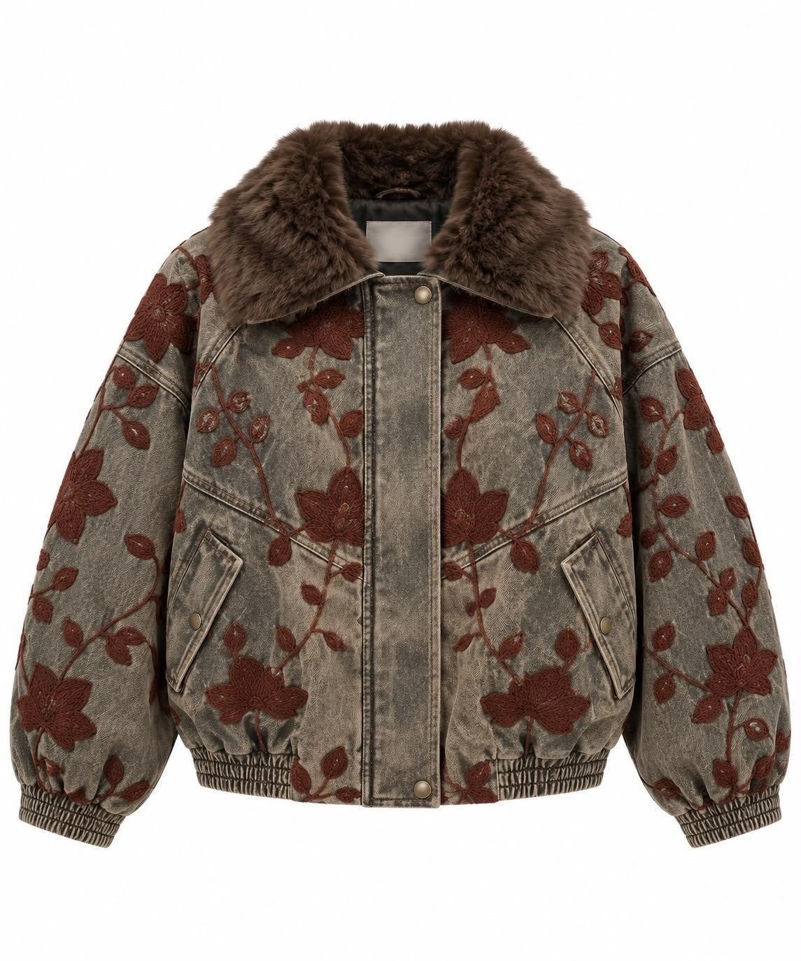 Floral Embroidered Fur Collar Denim Bomber Jacket Grey