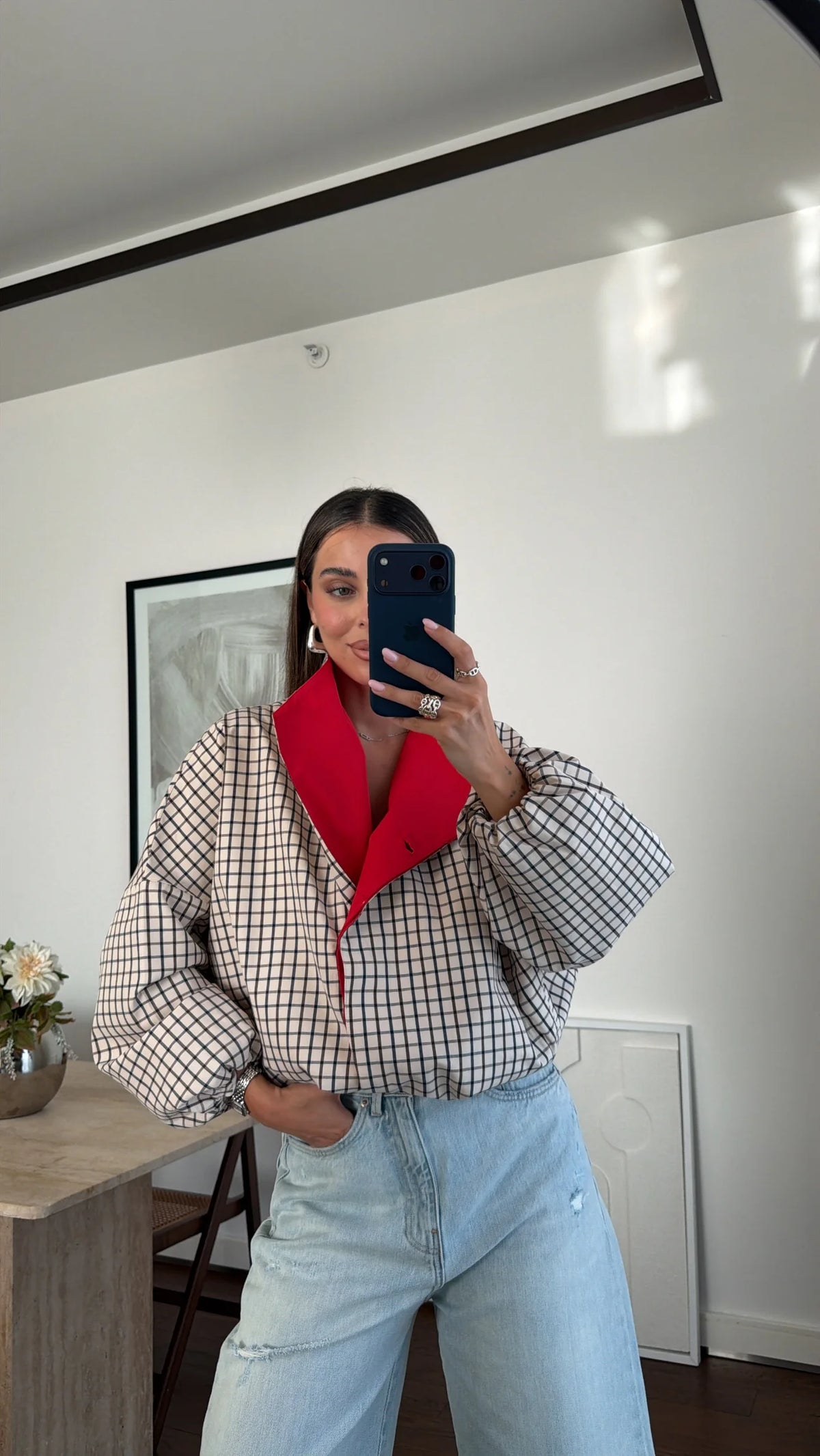 BOMBER JACKET WITH RED PLAID PATTERN