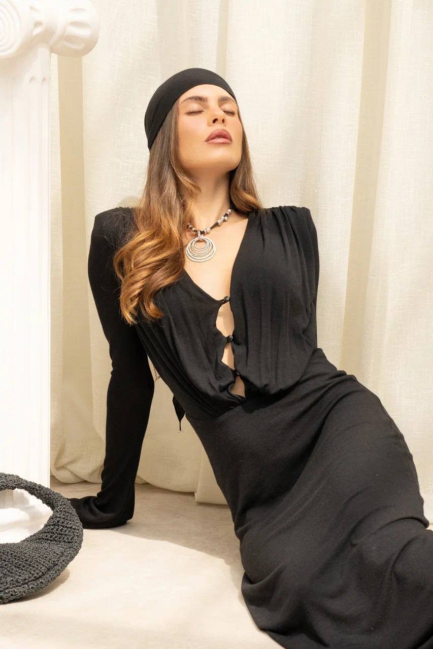 Awen Button Detailed Draped - Black  Long Dress