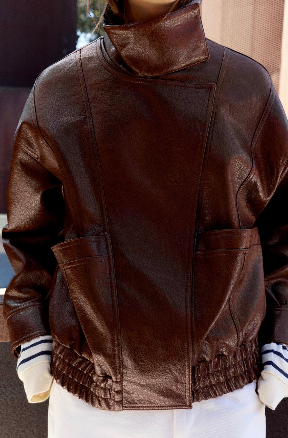Leather effect high neck jacket