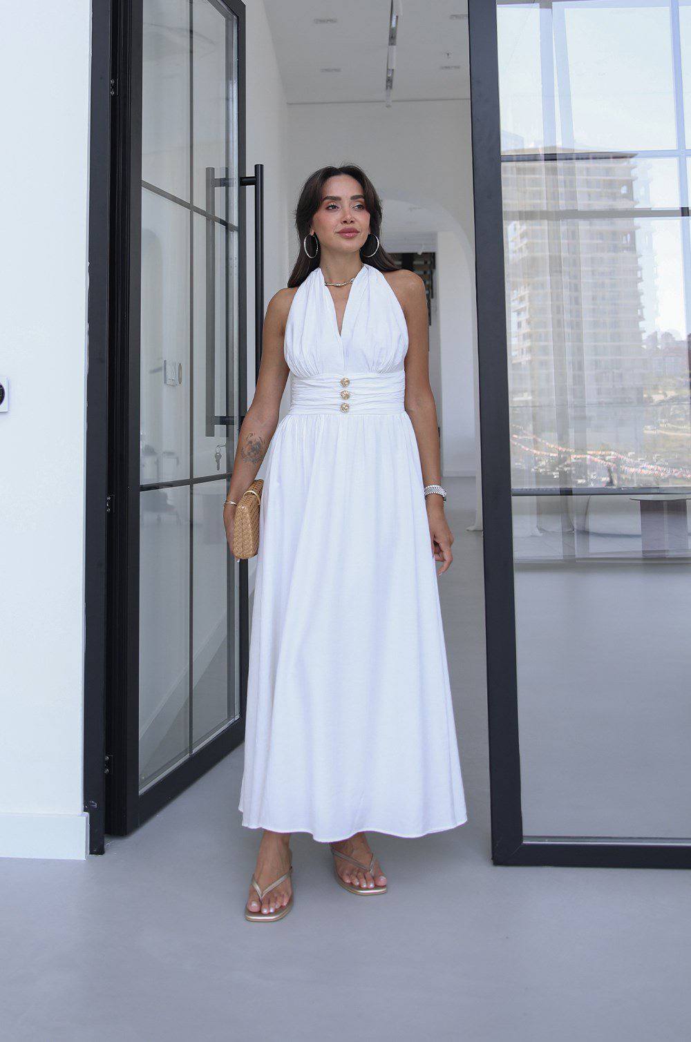 LONGARD HAUL-NECK LONG DRESS- BURGUNDY- Blue - white