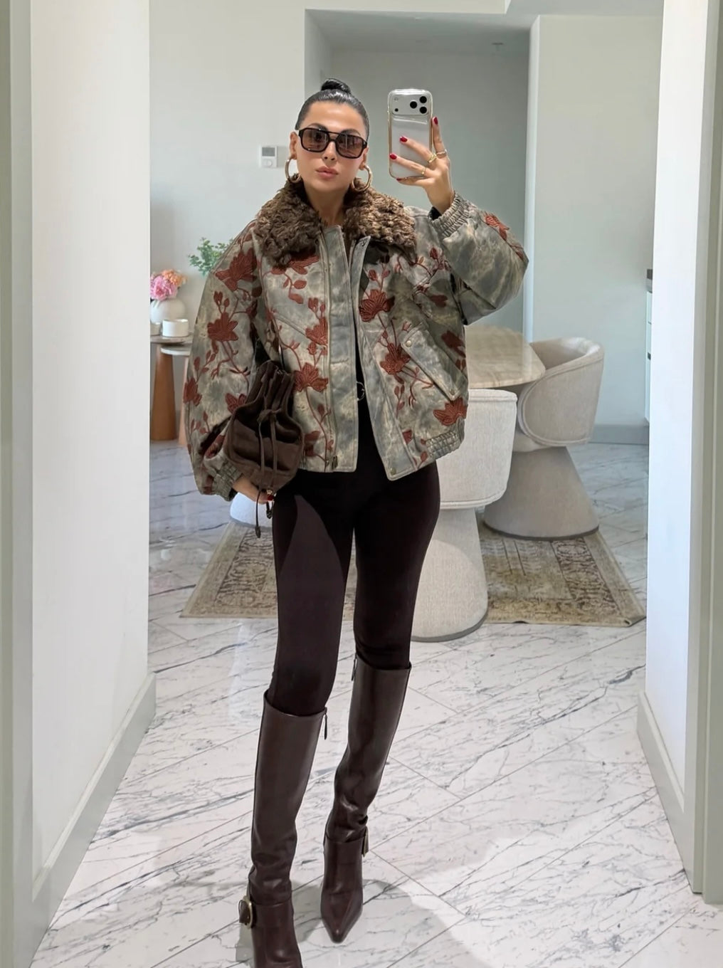 Floral Embroidered Fur Collar Denim Bomber Jacket Grey