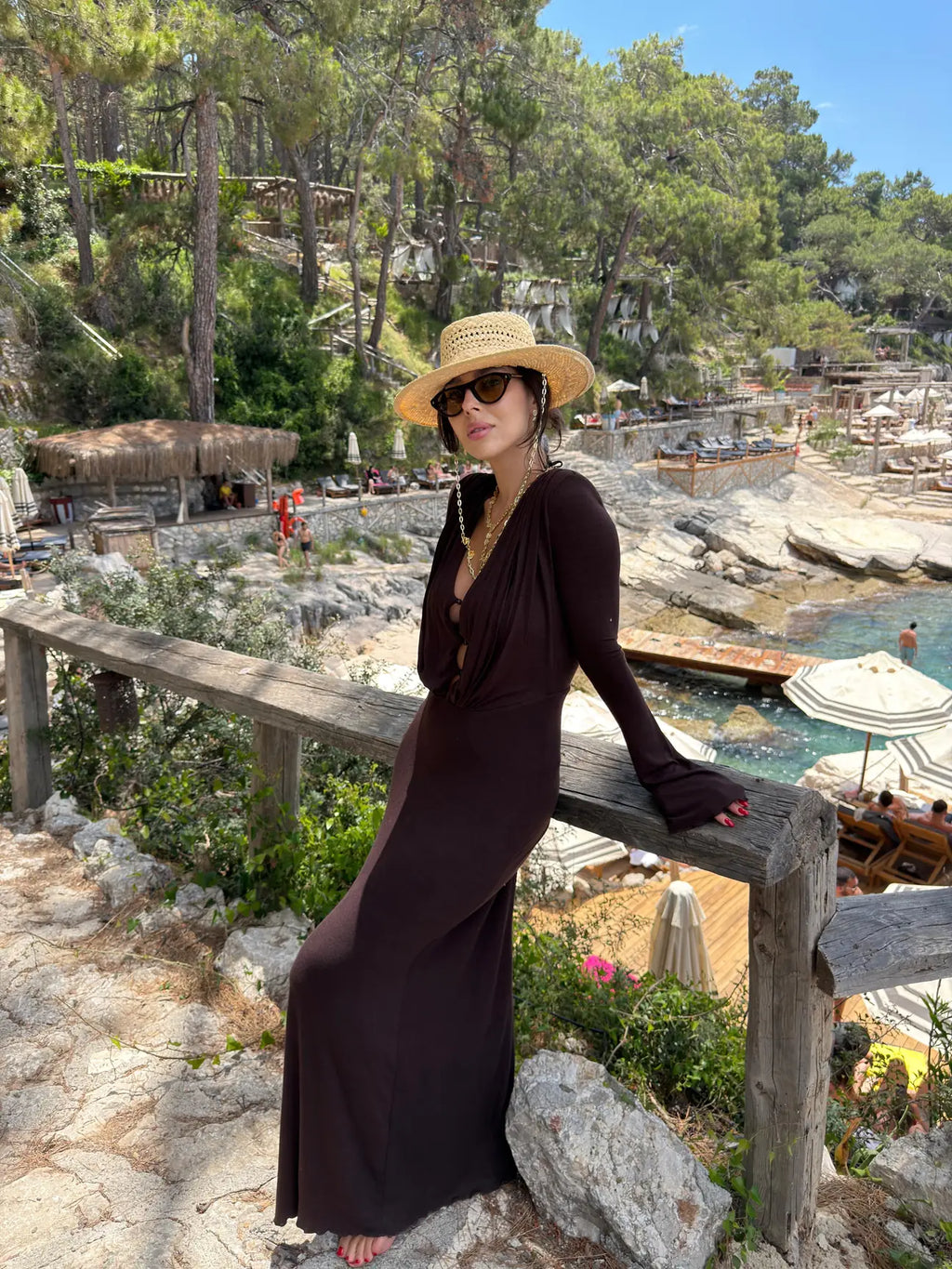 Awen Button Detailed Draped - Brown Long Dress
