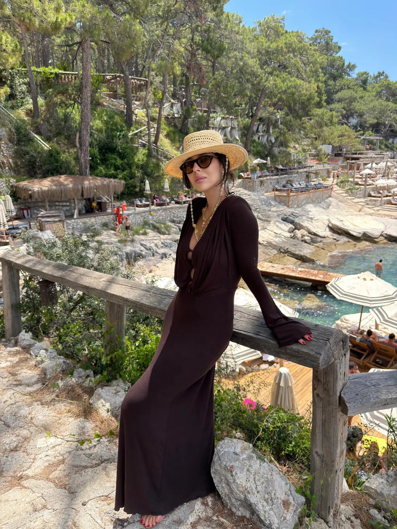 Awen Button Detailed Draped - Brown Long Dress