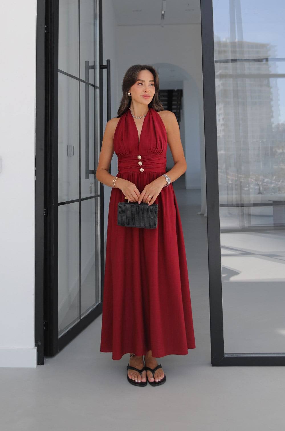 LONGARD HAUL-NECK LONG DRESS- BURGUNDY- Blue - white