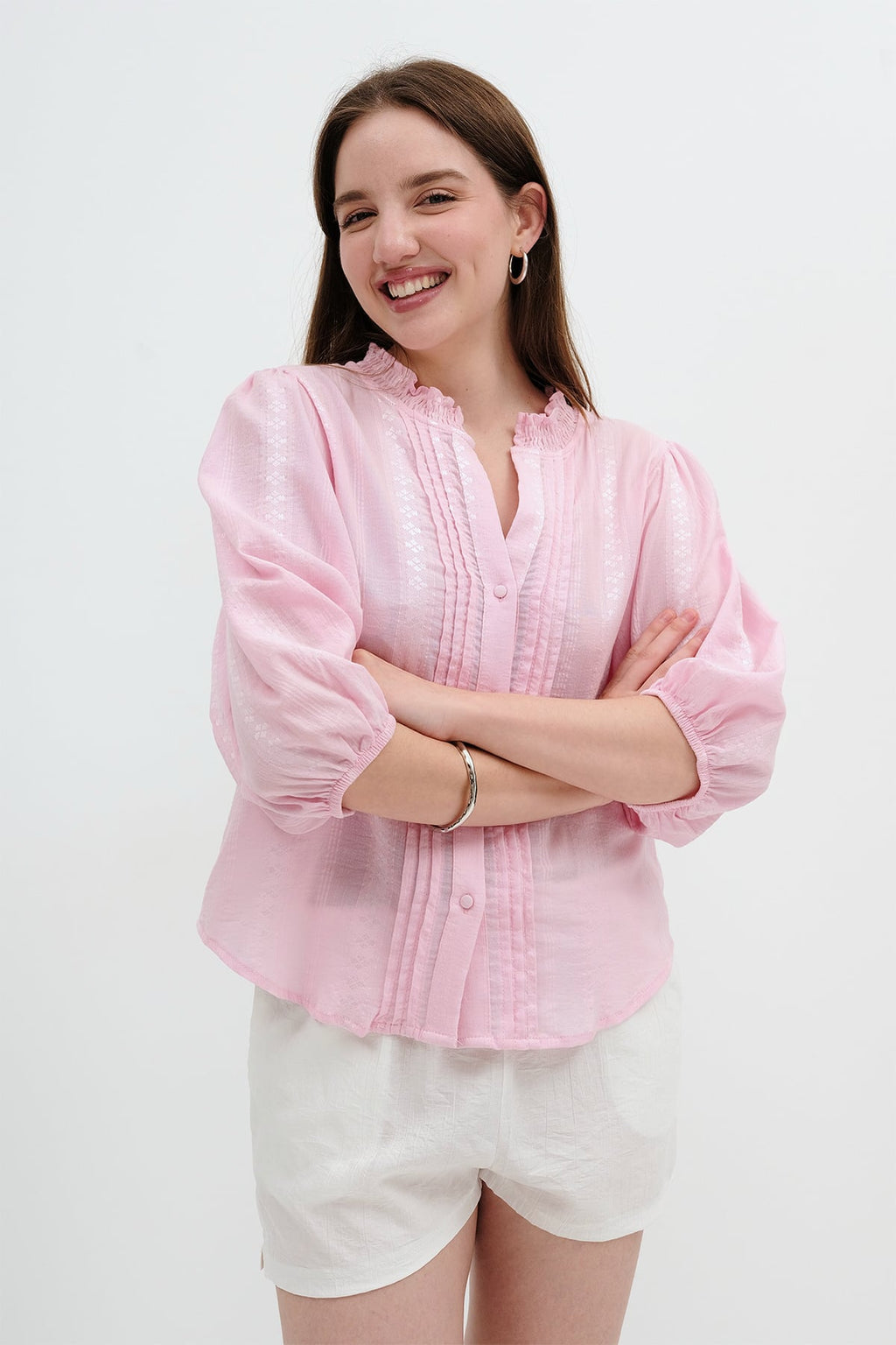 Light Pink - Pintuck-Detail Balloon-Sleeve Shirt