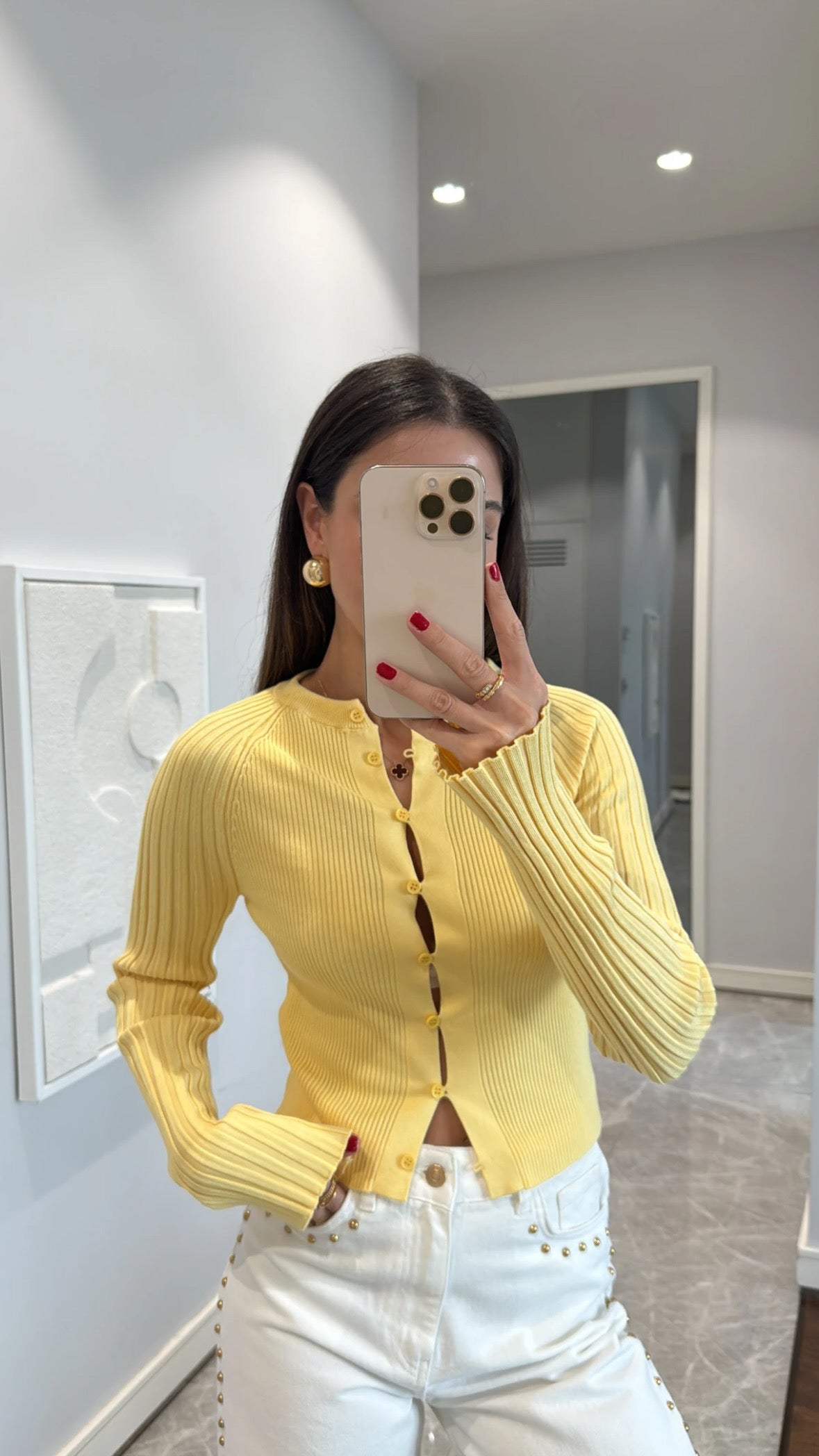 Crew neck ribbed button thin knit cardigan - Yellow