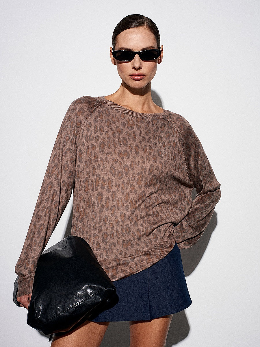 Crew Neck Leopard Printed Knit Sweater-Mink