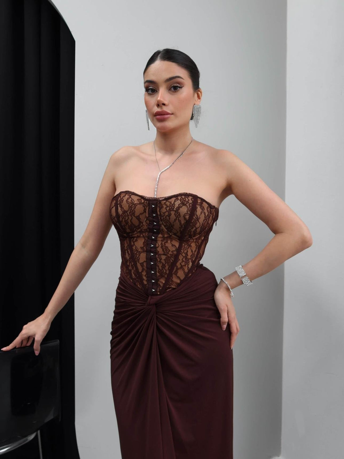Dantel brown long dress
