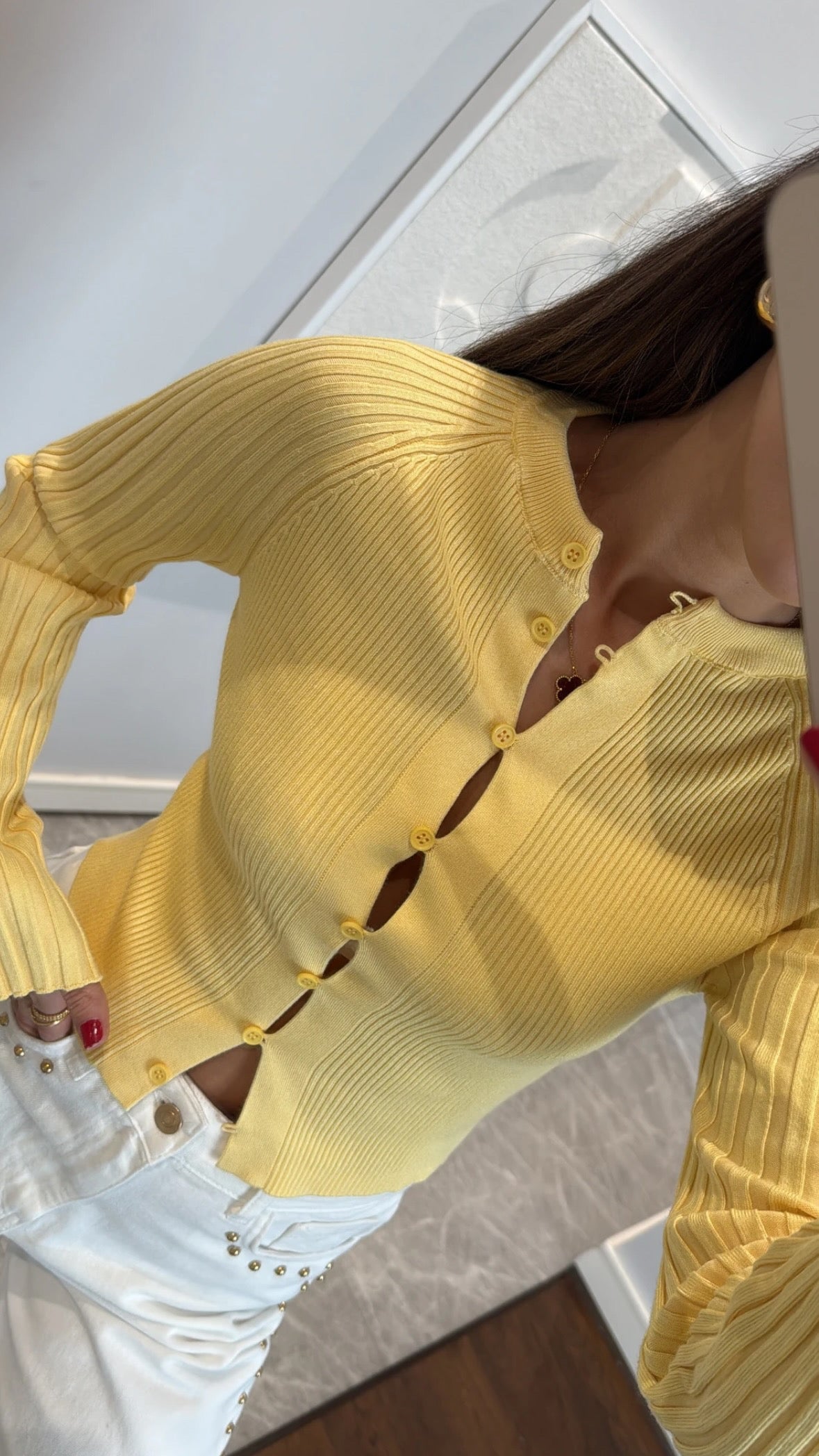 Crew neck ribbed button thin knit cardigan - Yellow