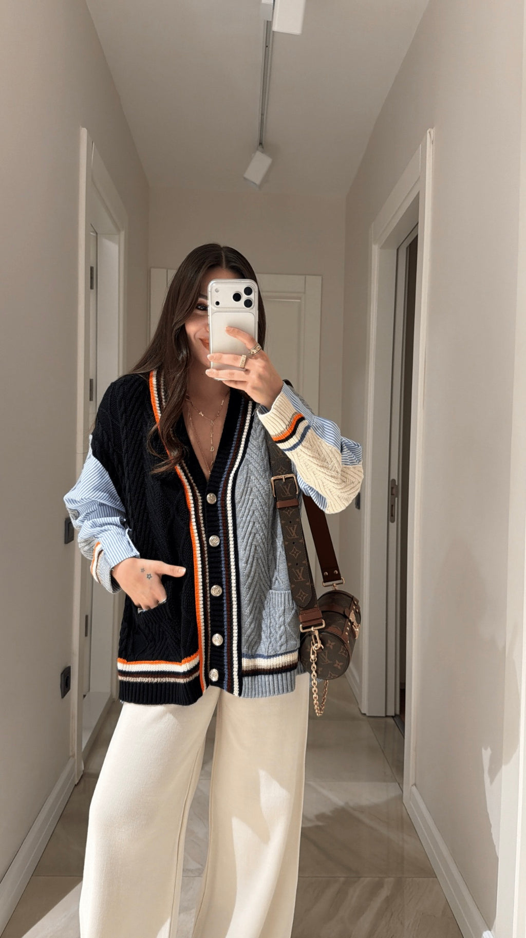Gray Striped Shirt Detail Colorful Cardigan Limited Stock
