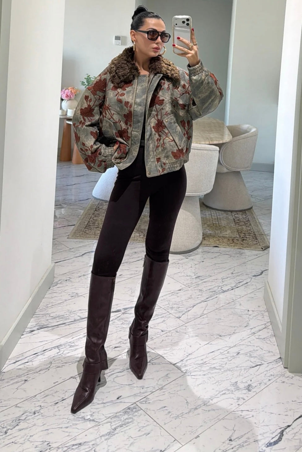Floral Embroidered Fur Collar Denim Bomber Jacket Grey