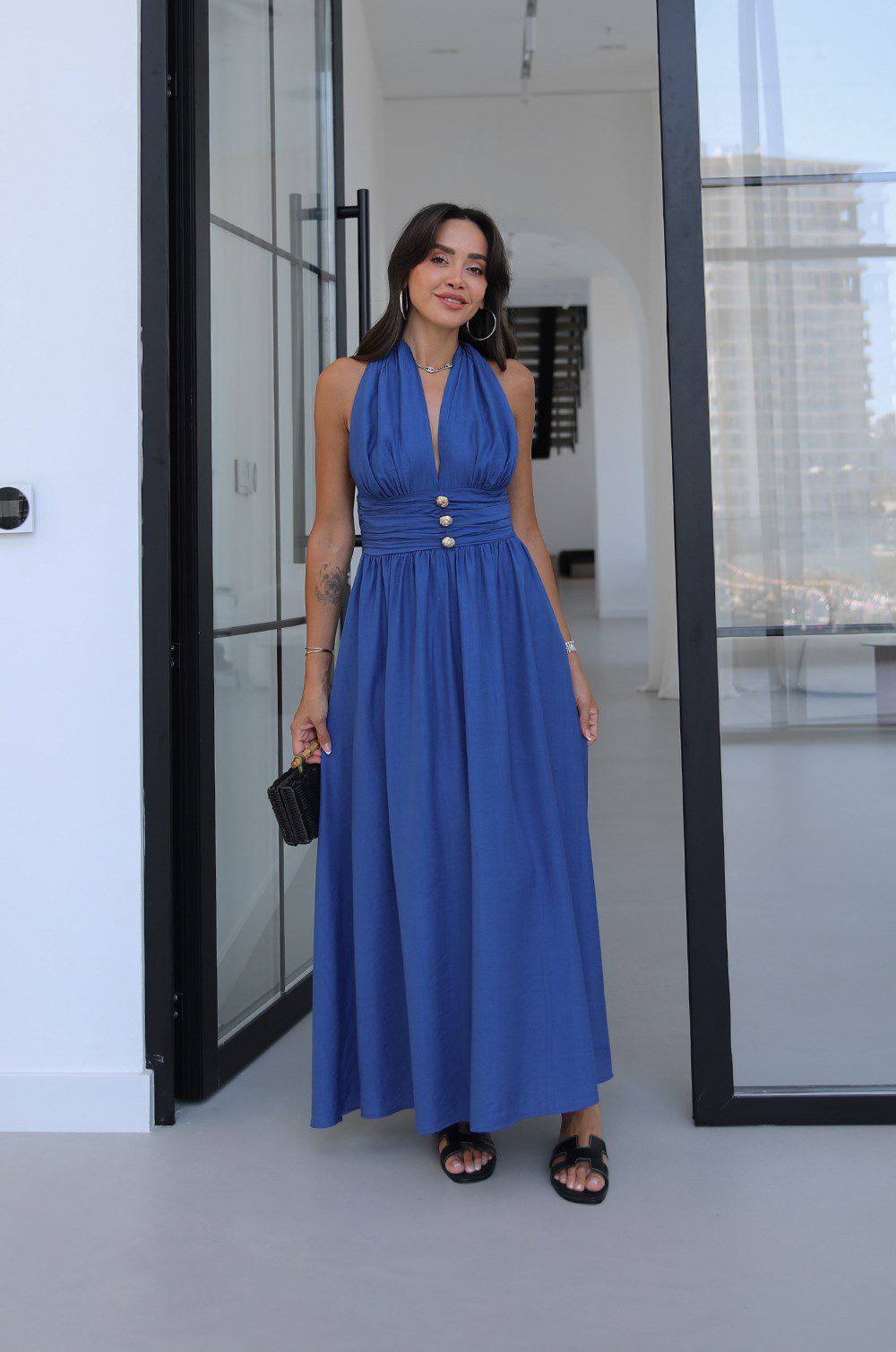 LONGARD HAUL-NECK LONG DRESS- BURGUNDY- Blue - white