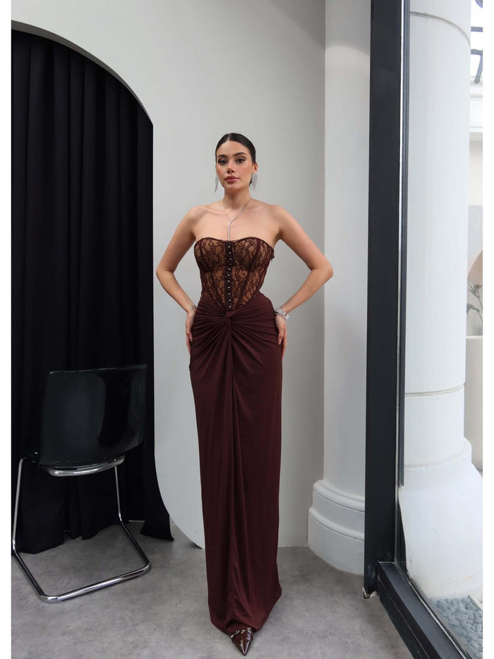 Dantel brown long dress
