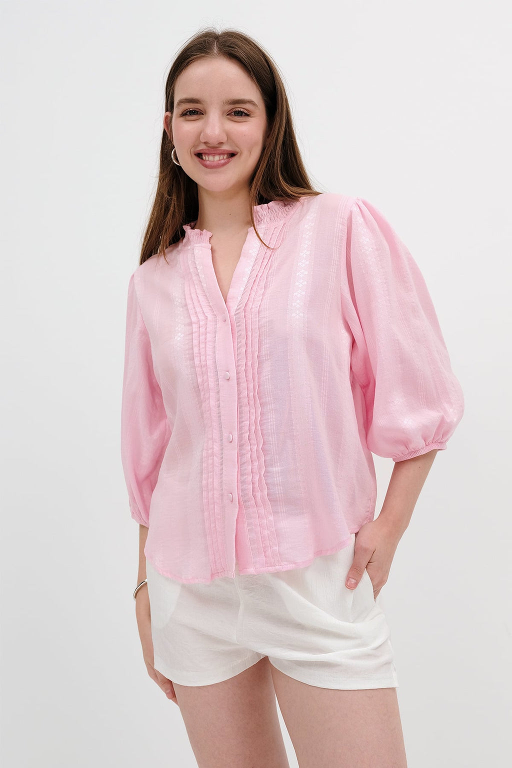 Light Pink - Pintuck-Detail Balloon-Sleeve Shirt