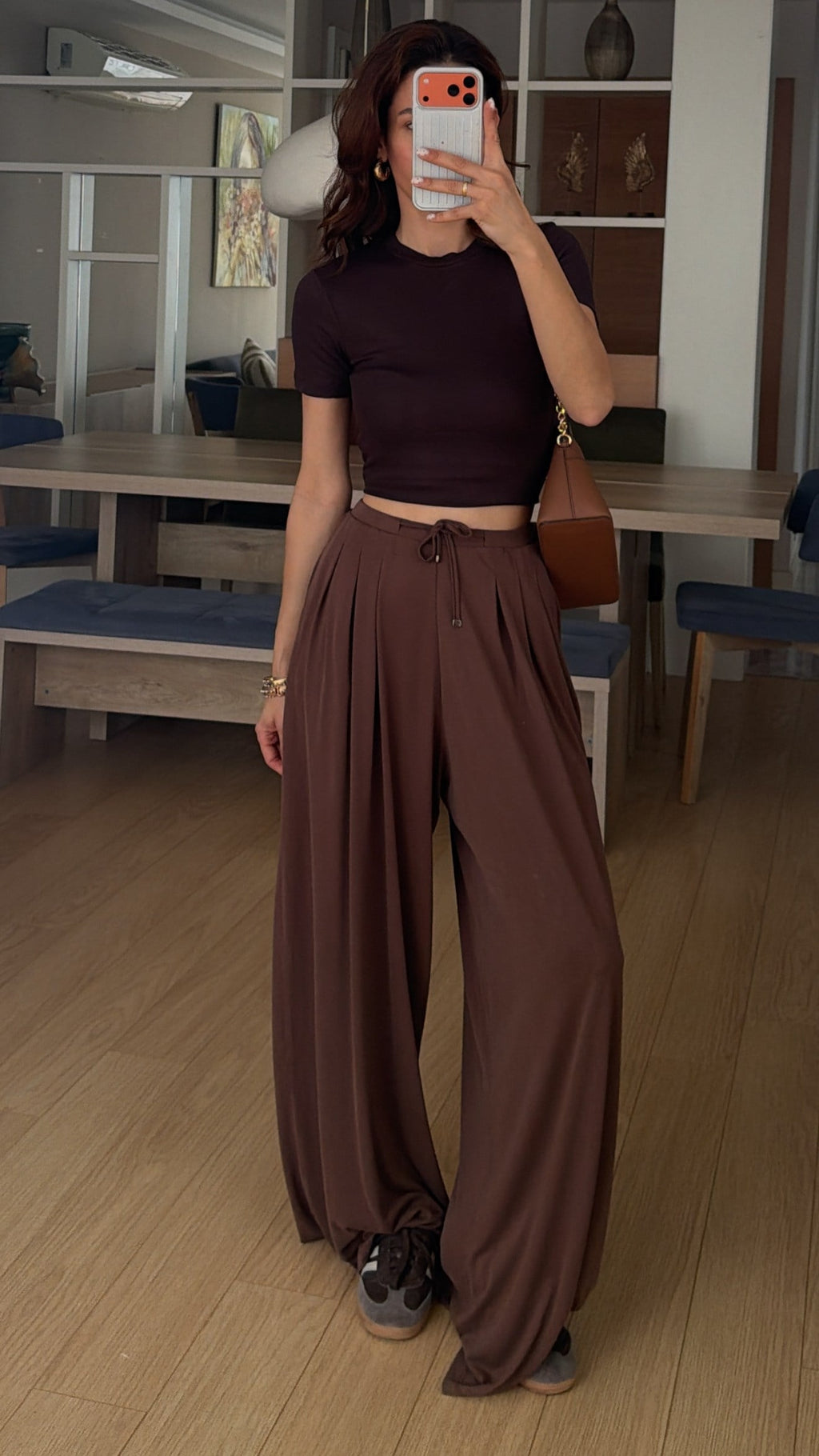 Brown  Tencel Pleated Detail Loose-fitting Trousers