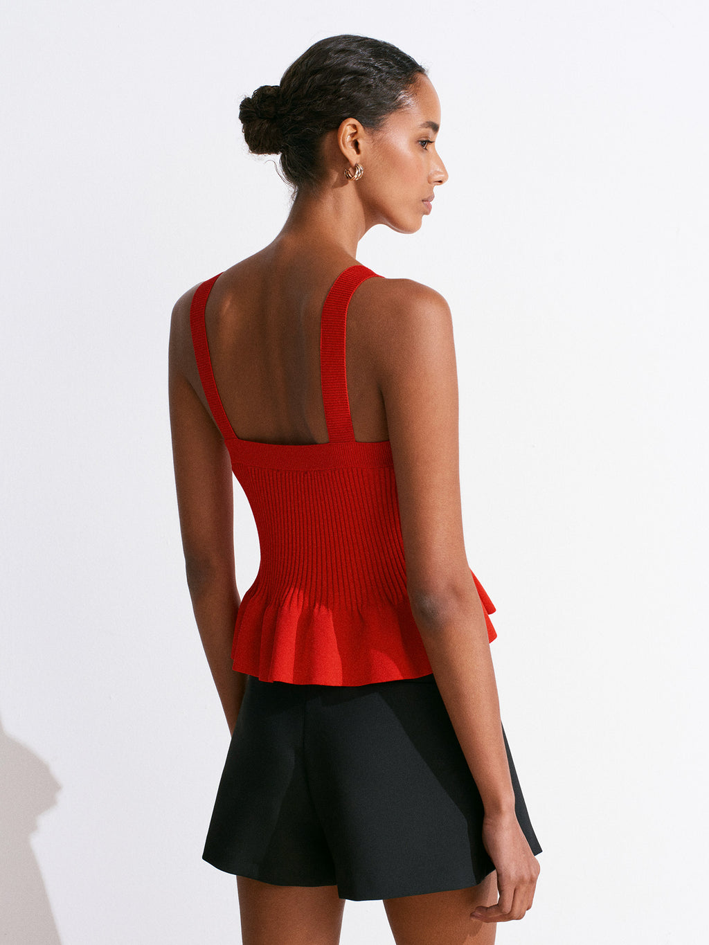 Square-Neck Ribbed Knit Blouse with Straps and Ruffles - Red