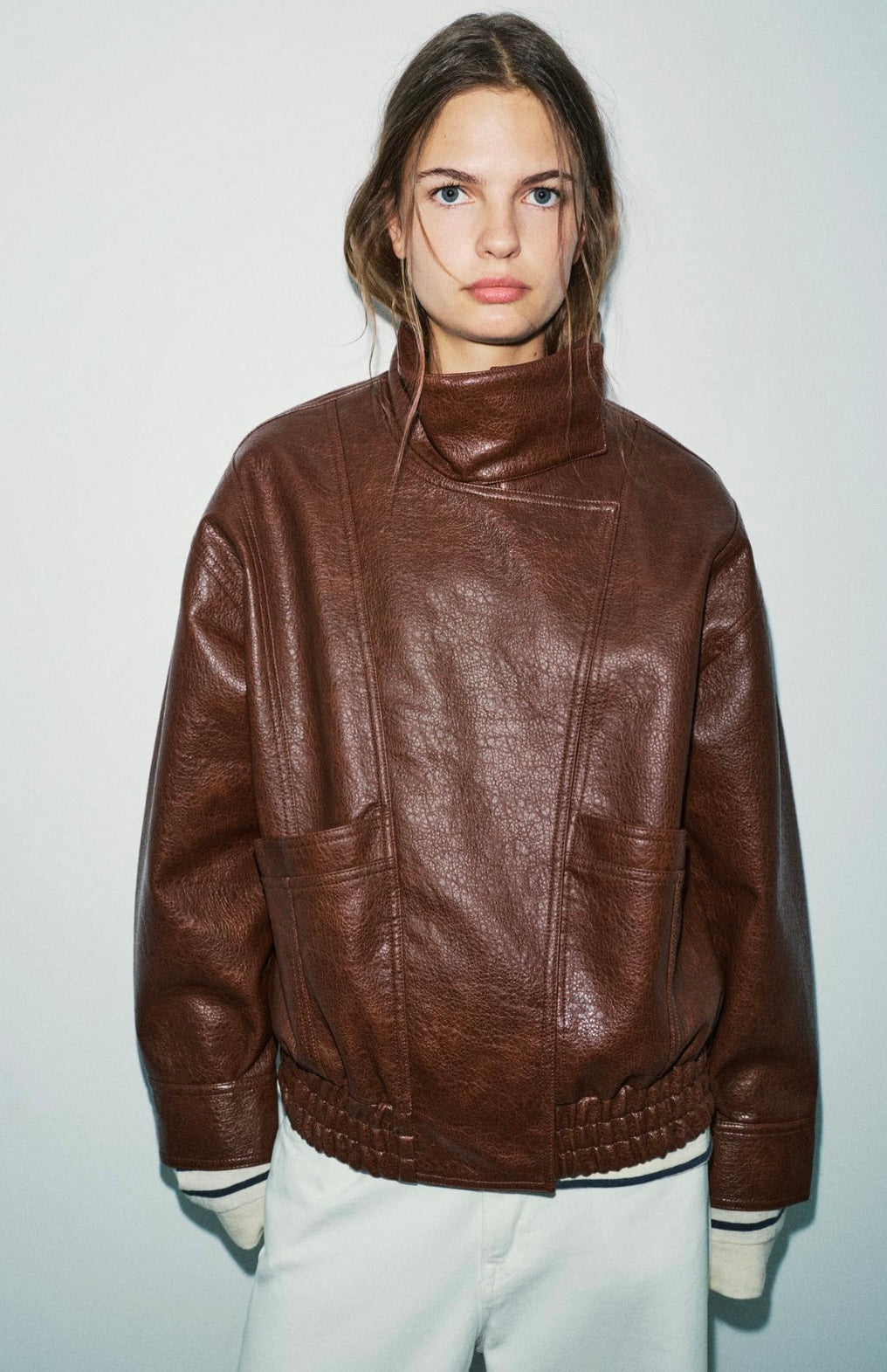 Leather effect high neck jacket