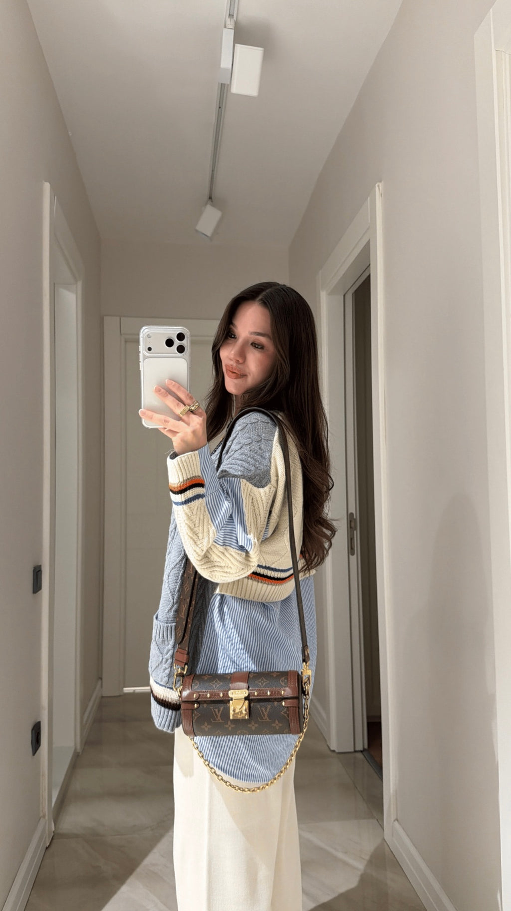 Gray Striped Shirt Detail Colorful Cardigan Limited Stock