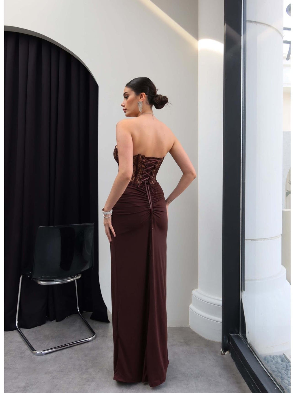 Dantel brown long dress