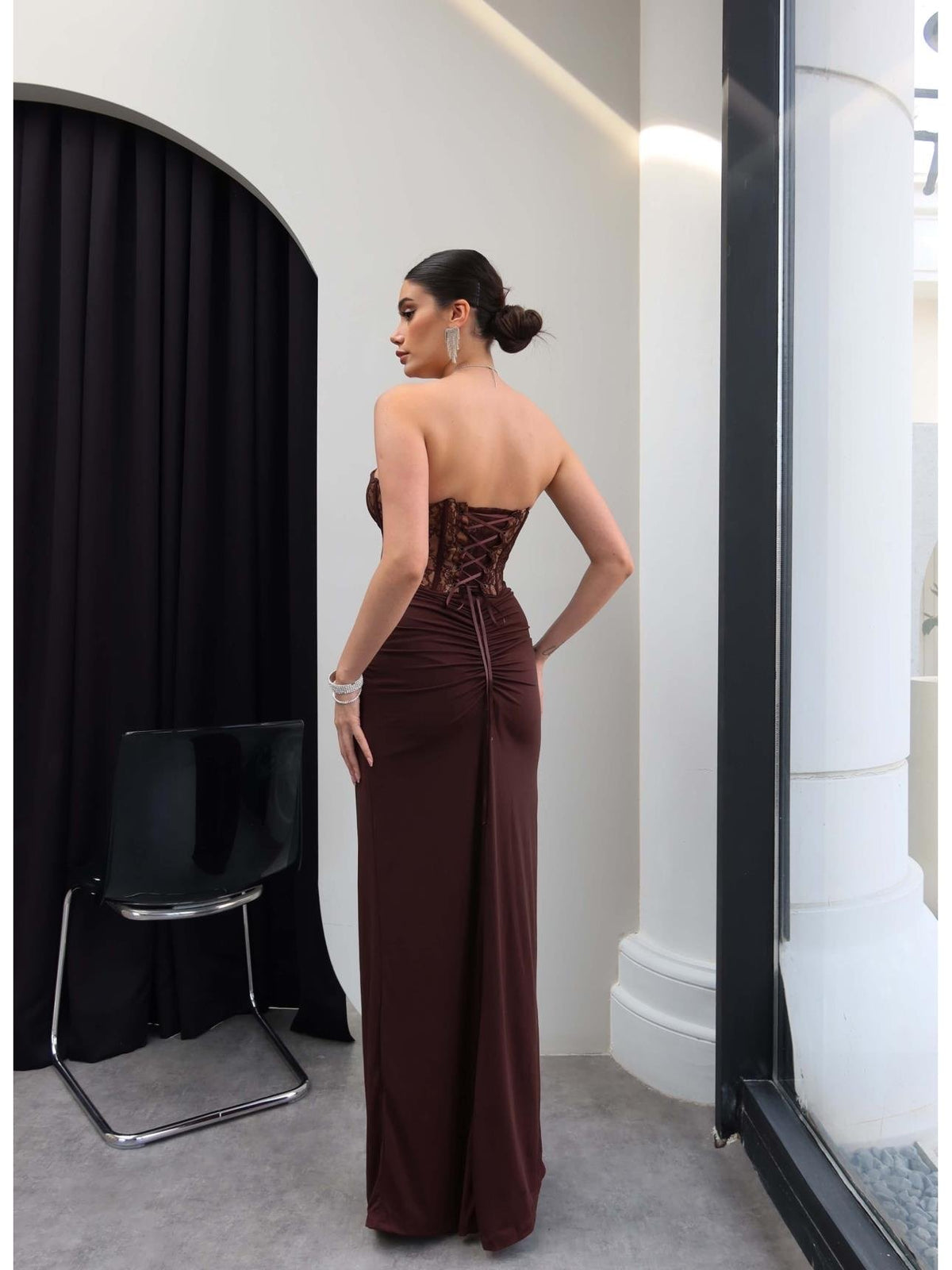 Dantel brown long dress