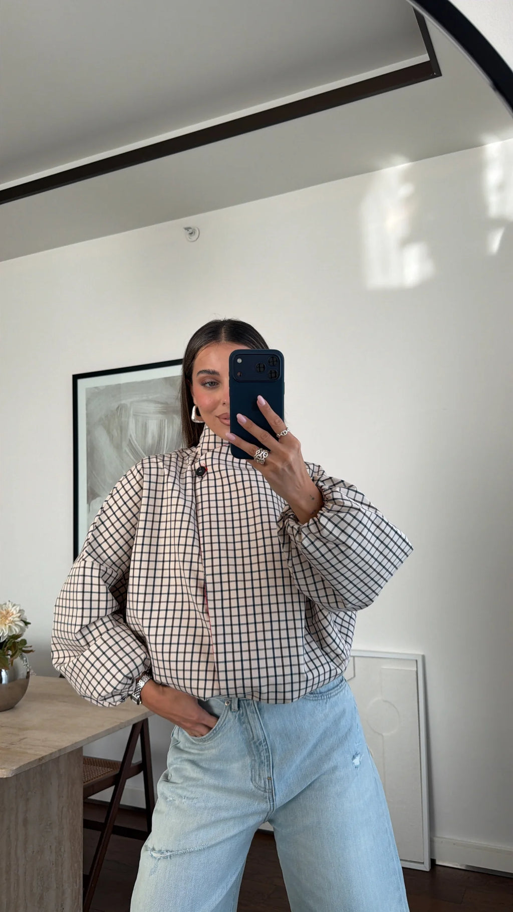 BOMBER JACKET WITH RED PLAID PATTERN