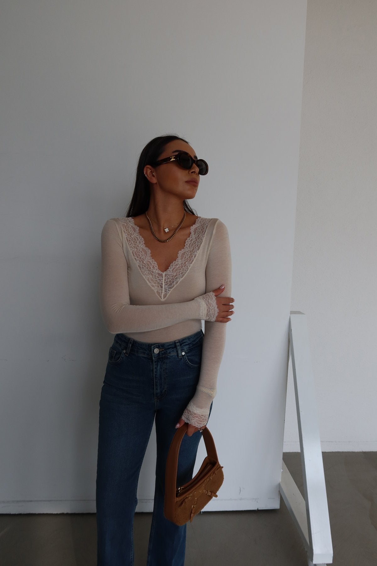 V-Neck Lace Cashmere Blouse