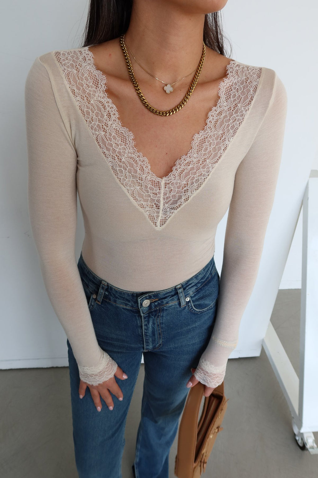 V-Neck Lace Cashmere Blouse