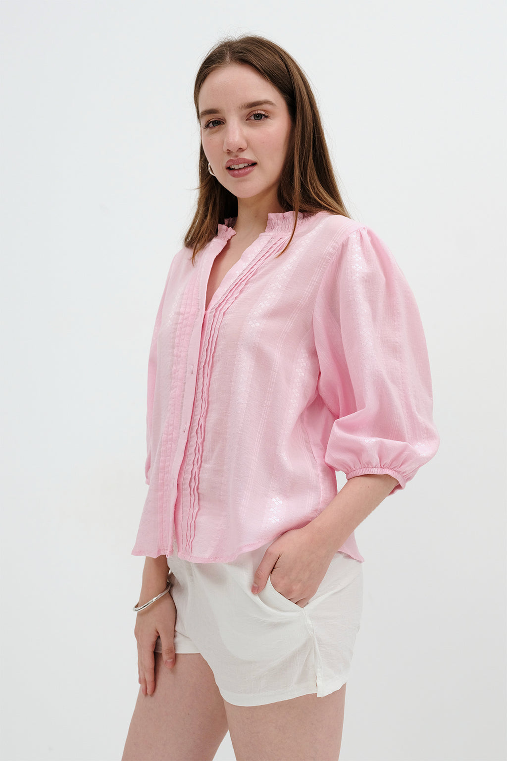 Light Pink - Pintuck-Detail Balloon-Sleeve Shirt