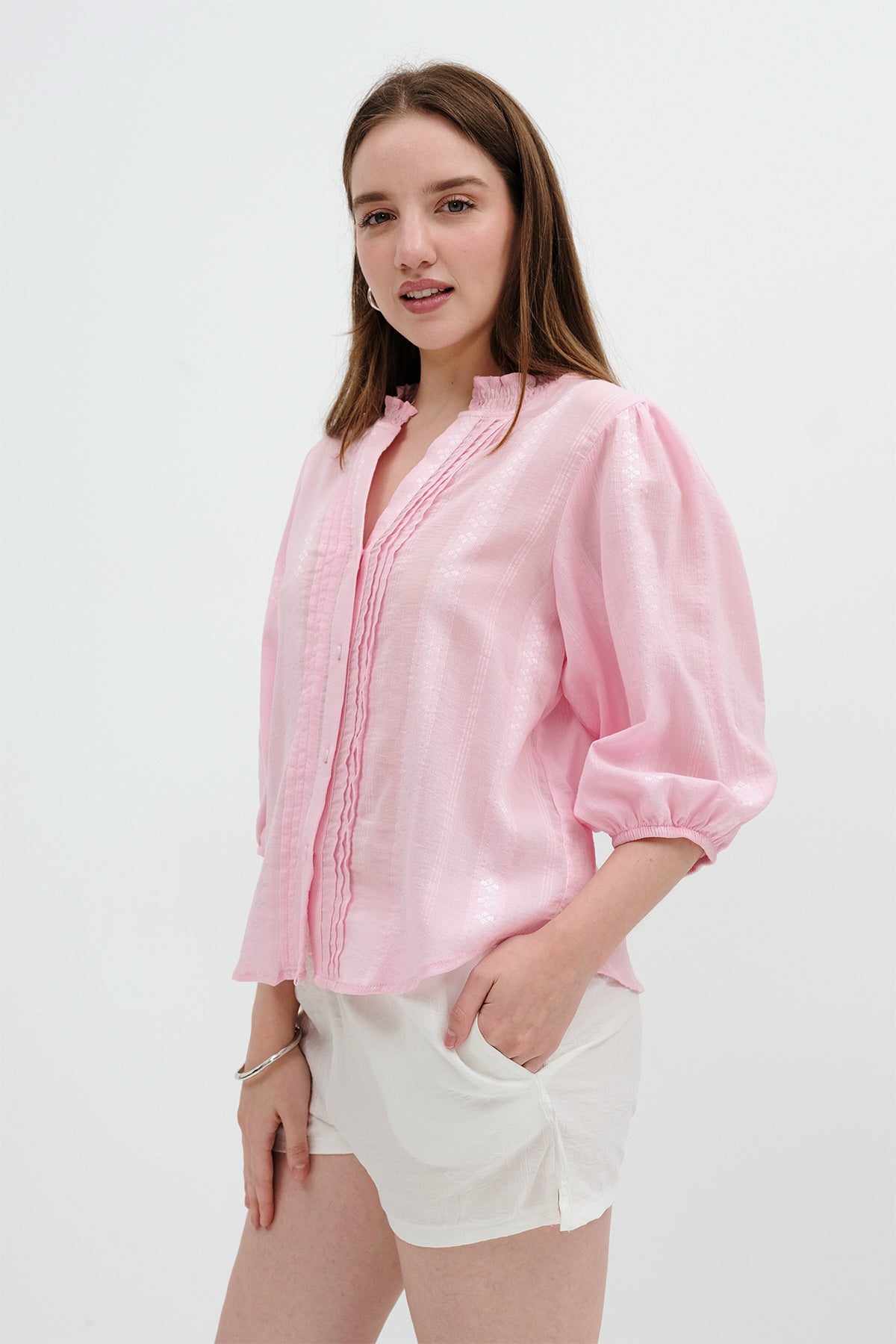 Light Pink - Pintuck-Detail Balloon-Sleeve Shirt