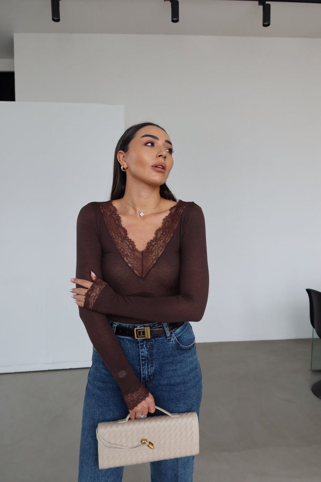 V-Neck Lace Cashmere Blouse