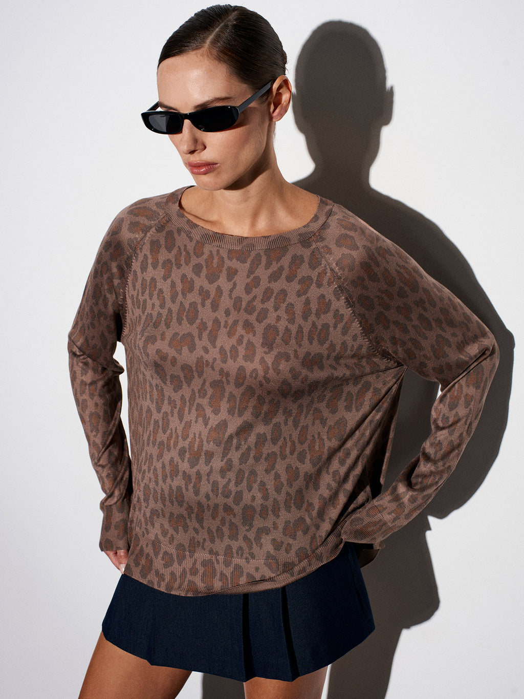 Crew Neck Leopard Printed Knit Sweater-Mink