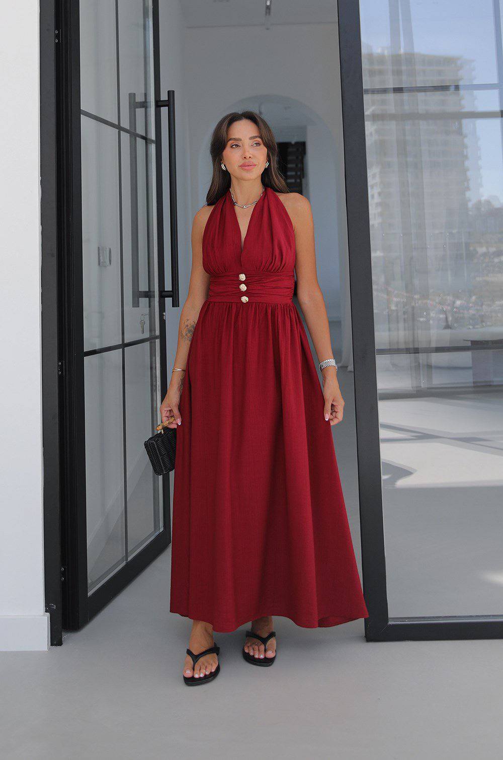 LONGARD HAUL-NECK LONG DRESS- BURGUNDY- Blue - white