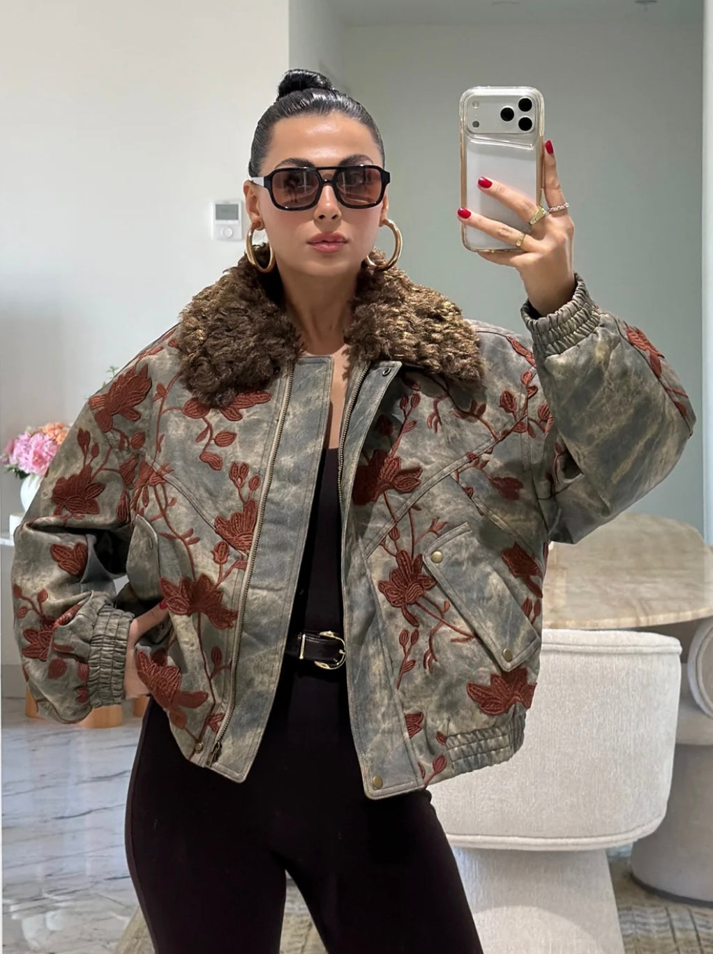 Floral Embroidered Fur Collar Denim Bomber Jacket Grey