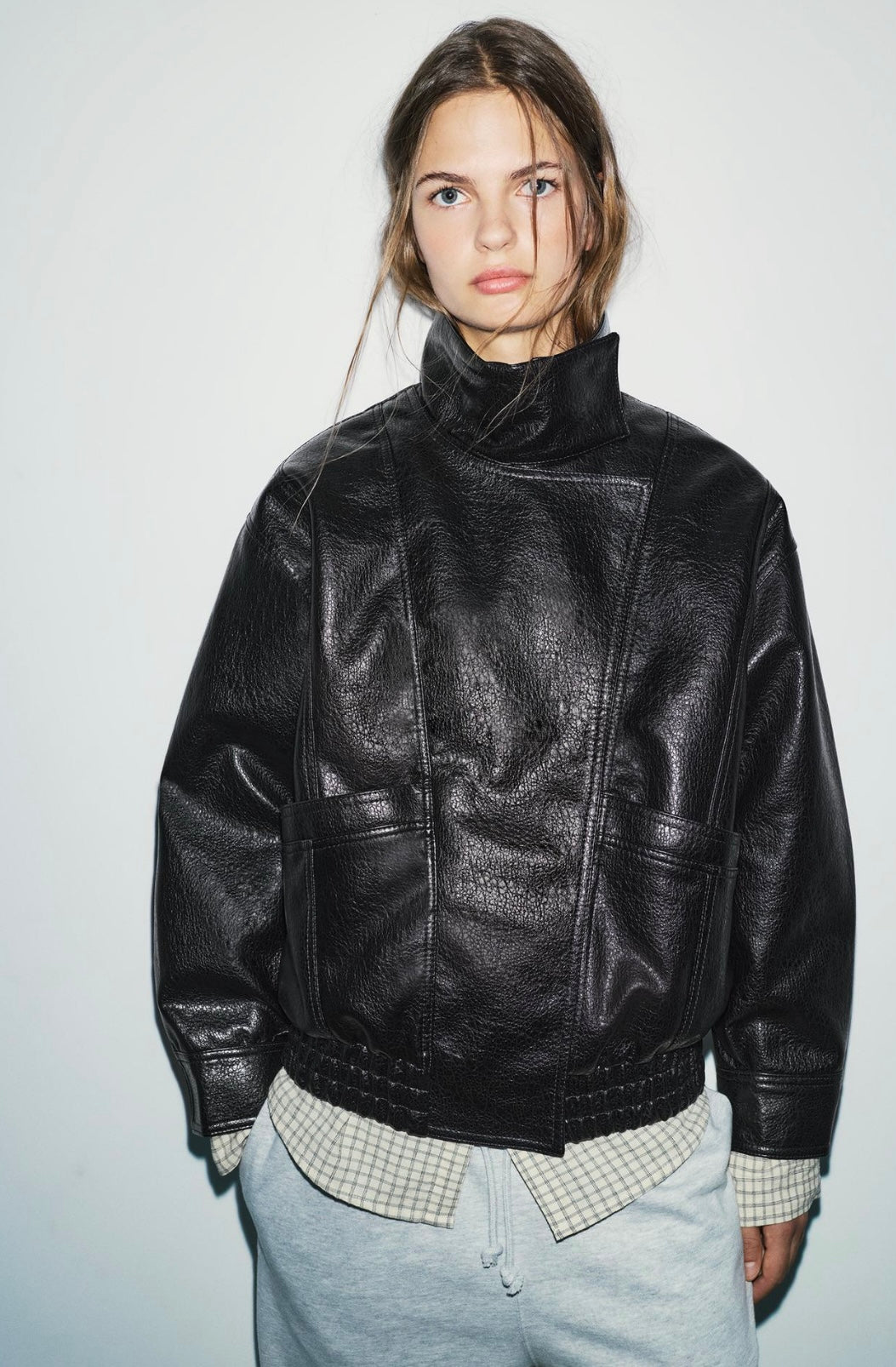 Leather effect high neck jacket
