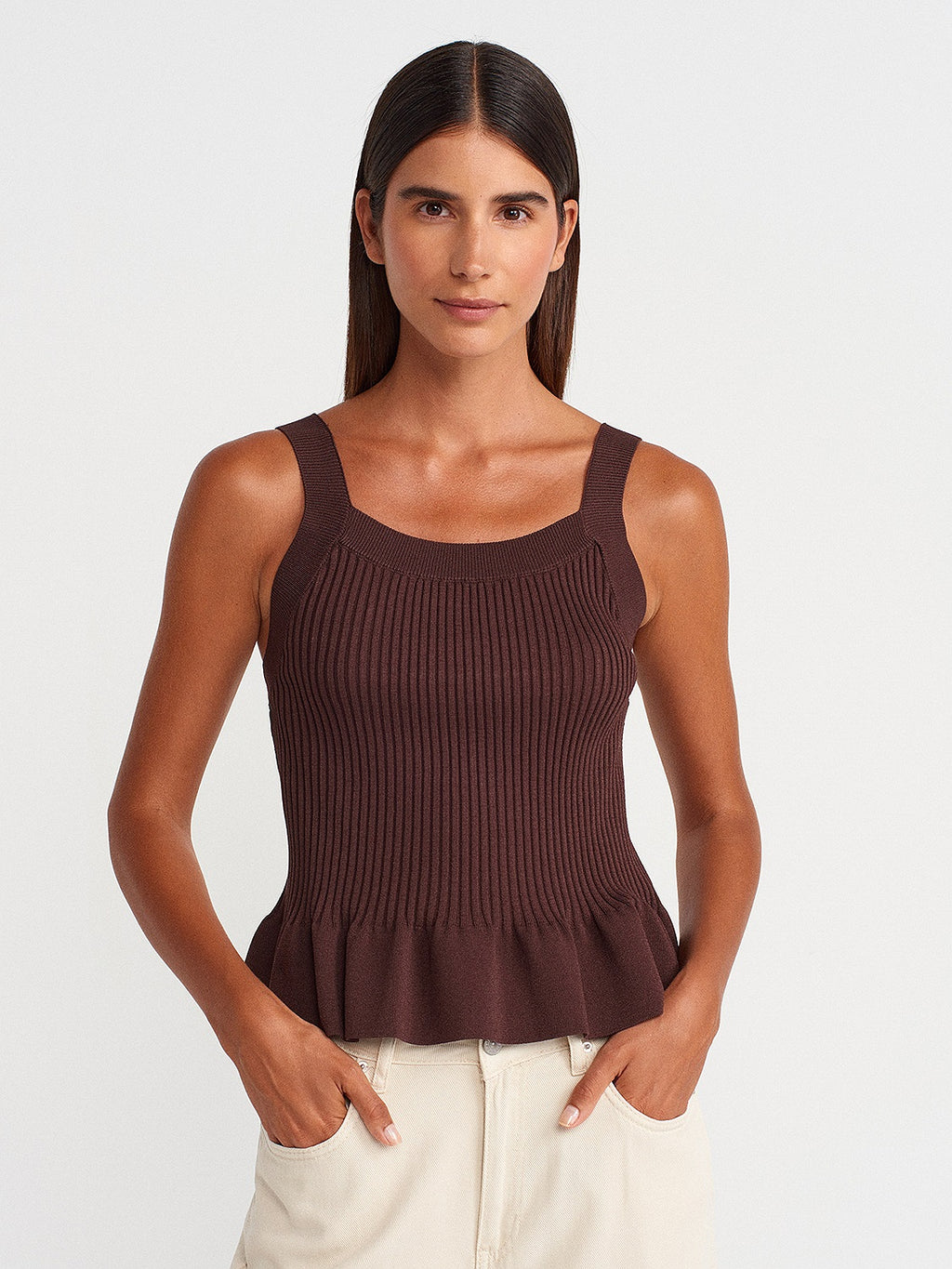 Square-Neck Ribbed Knit Blouse with Straps and Ruffles - Brown