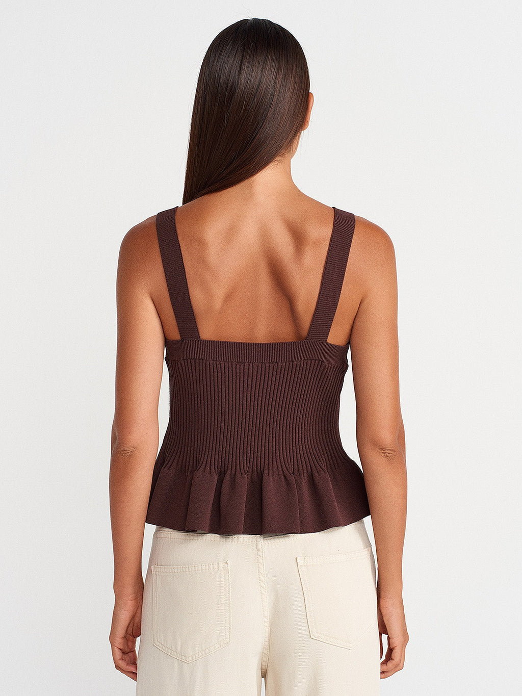 Square-Neck Ribbed Knit Blouse with Straps and Ruffles - Brown
